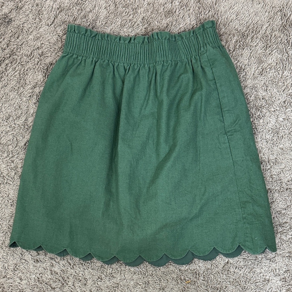 J. Crew Green Linen Scalloped Hem Elastic Waist Mini Skirt Pockets size 6 Twee